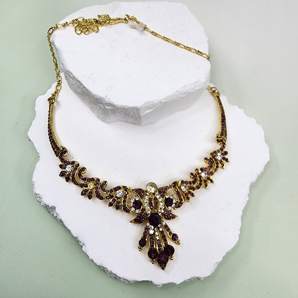 Purple Clear Rhinestone Gold Tone Floral Statement Bib Necklace Cocktail Glam